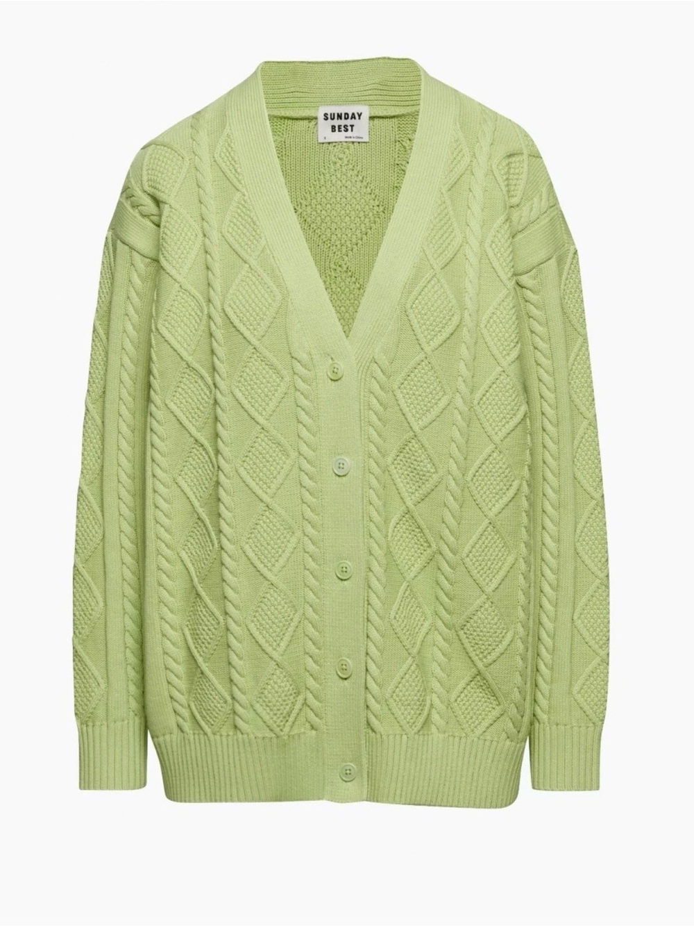 Aritzia Sunday Best Lamora Cable Knit Longline Cardigan. Colour Sagebrush Green